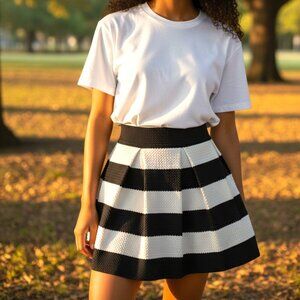 (A-34)Finesse Women’s‎ Black White Striped Mini Skirt Size S High Waist Flared